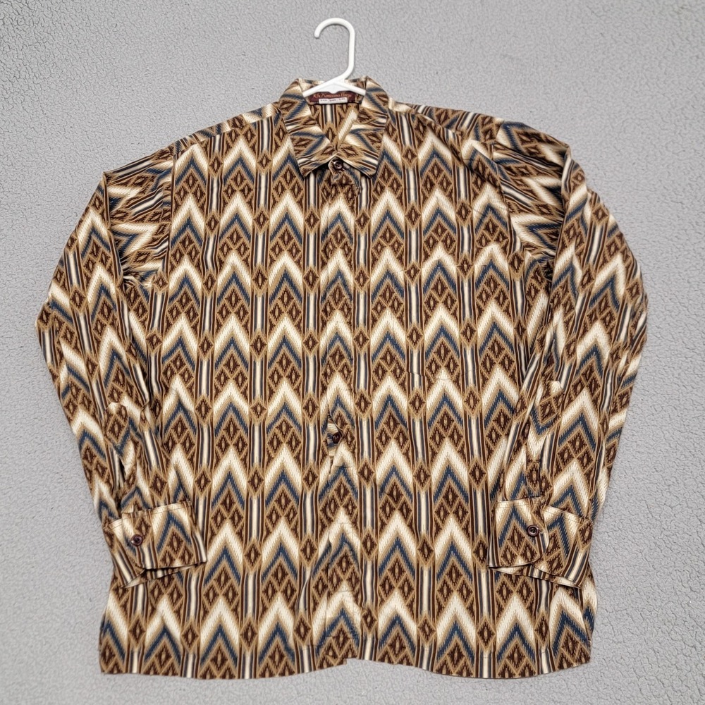 Vintage Batik Kencana Ungu Shirt Mens Large Brown Chevron Polyester Long Sleeve‎